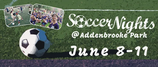 Soccer Nights 2026 banner — a free youth soccer camp from Love Lakewood